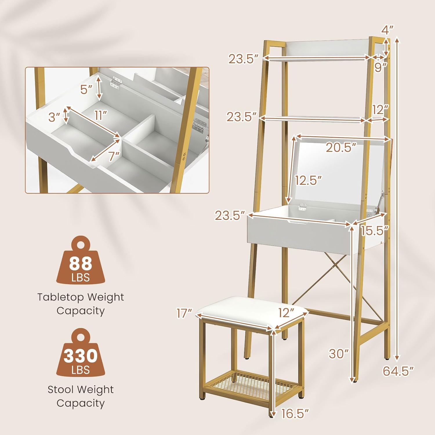 Dressing Table with Stool, Vanity Table Set with Flip-up Mirror, 4 Storage Compartments, 2-Tier Open Shelves, Multi-Functional Makeup Desk for Small Space Bedroom (White + Gold)