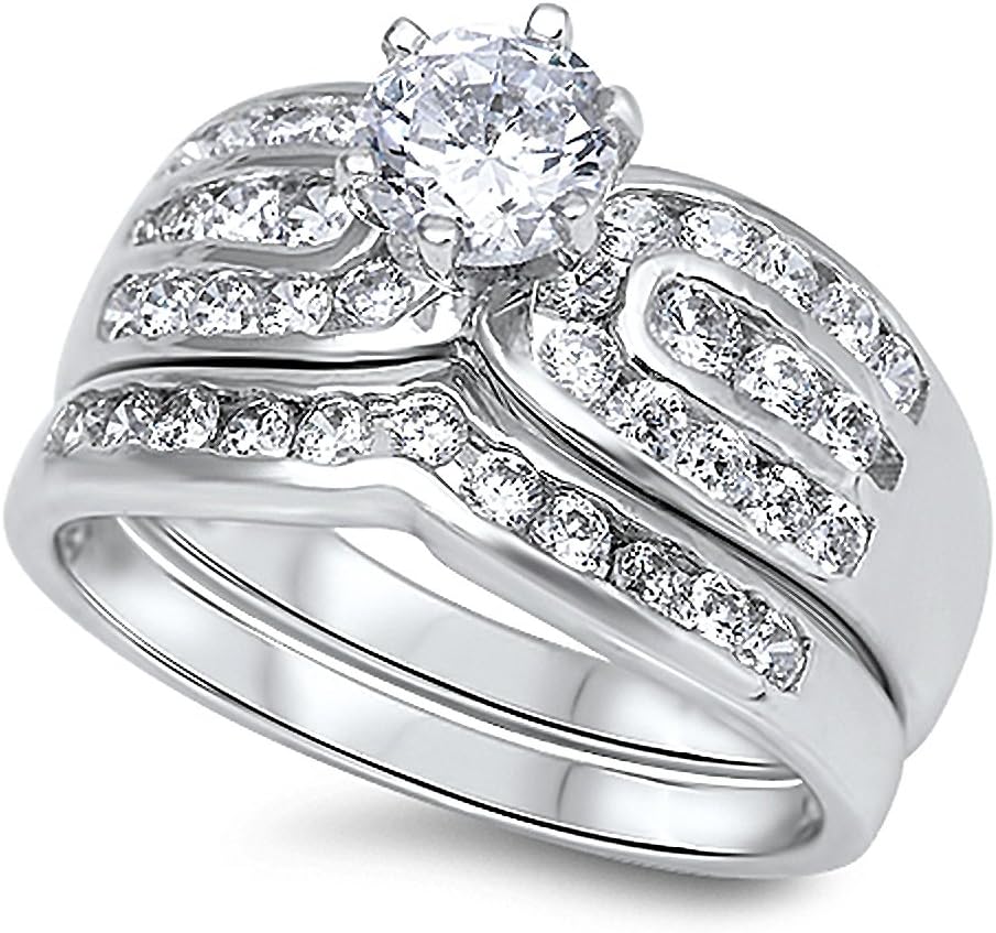 Sterling Silver Round CZ 2 pcs Bridal Wedding Ring Sets 13MM (Size 5 to 10)