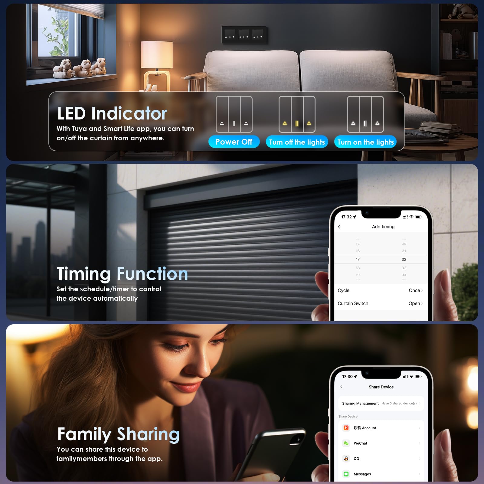 BSEED Tripel WLAN Rollladenschalter Unterputz mit PC Rahmen, Smart Jalousien Schalter benötigt Nullleiter, WiFi Rolladen Zeitschaltuhr Prozentuale Steuerung, kompatibel mit Alexa/Google Home, Schwarz