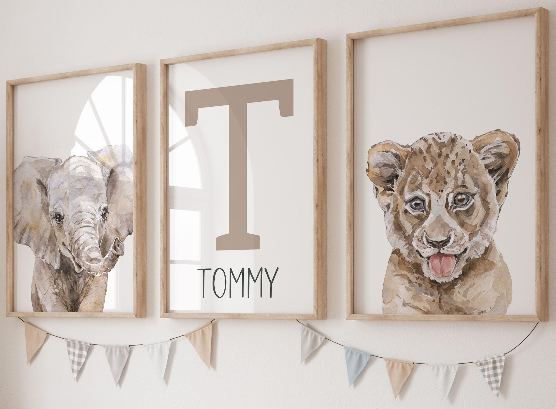 Realistic Safari Animals Set of 3 Unframed Poster Prints For Boy Girl Nursery Bedroom, Personalised Name In Brown Grey, Neutral Jungle Wall Art Decor, 9 Animal Combinations (A5)