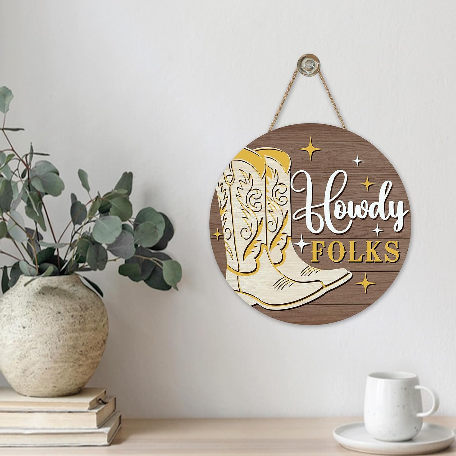 Yellow Western Cowboy Boots Front Door Sign, Rustic Country Howdy Folks Cowgirl Wood Plaque Hanger Outdoor Outside Porch Home Decor, Farmhouse Wooden Wreath Indoor Wall Hanging Decoration