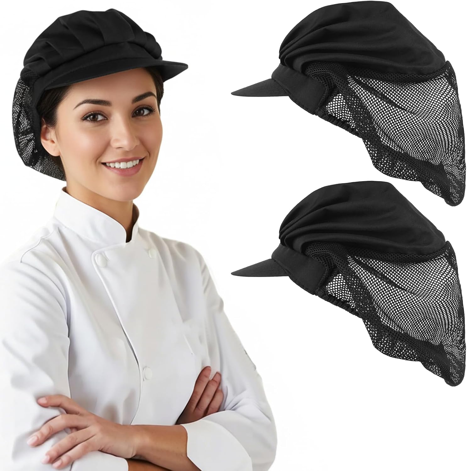 2 Pcs Black Chef Hats Mesh Breathable Kitchen Cooking Caps Kitchen Baker Cooking Hair Nets with Adjustable Elastic, Food Service Hairnets for Women Men