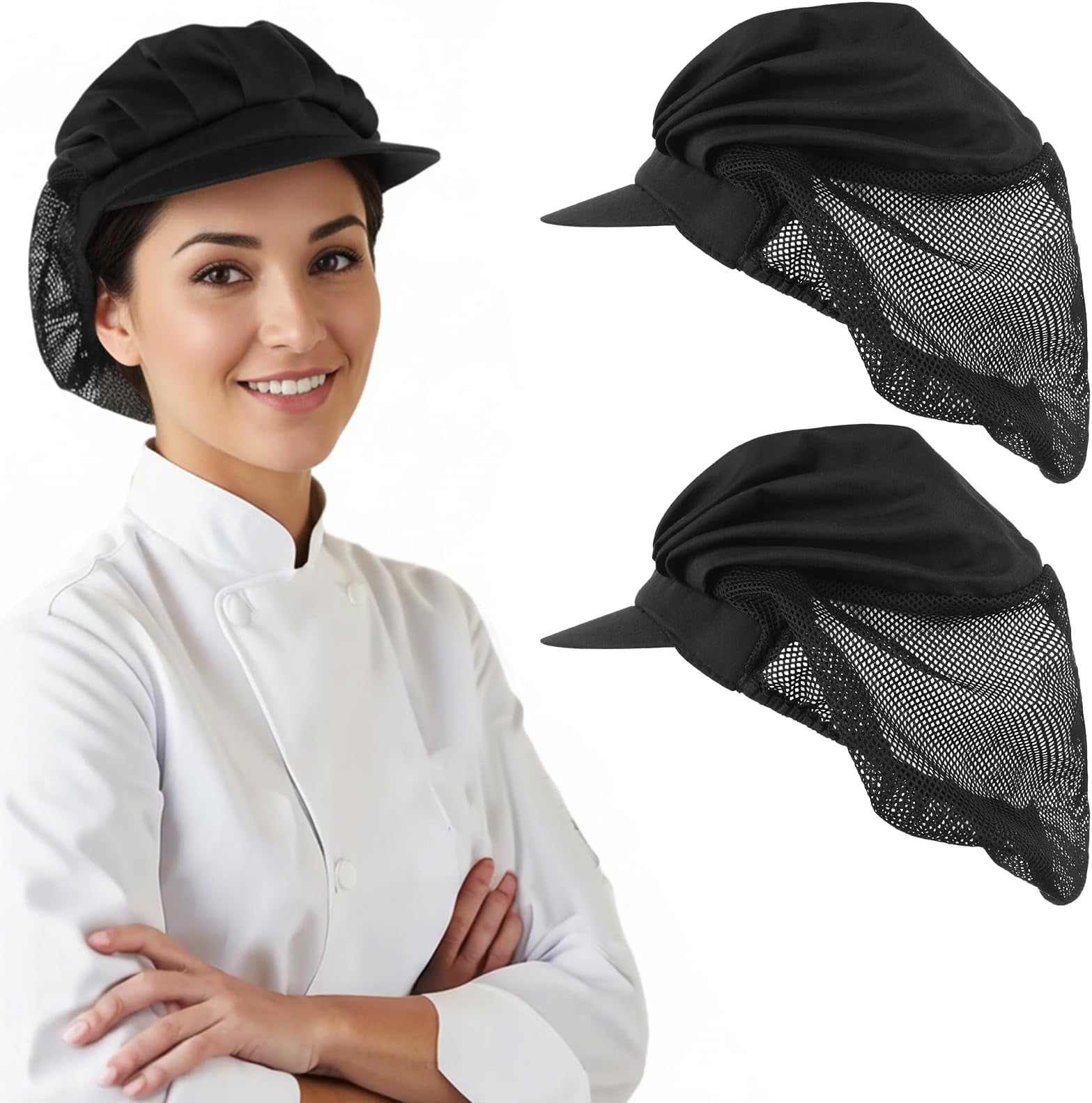 2 Pcs Black Chef Hats Mesh Breathable Kitchen Cooking Caps Kitchen Baker Cooking Hair Nets with Adjustable Elastic, Food Service Hairnets for Women Men