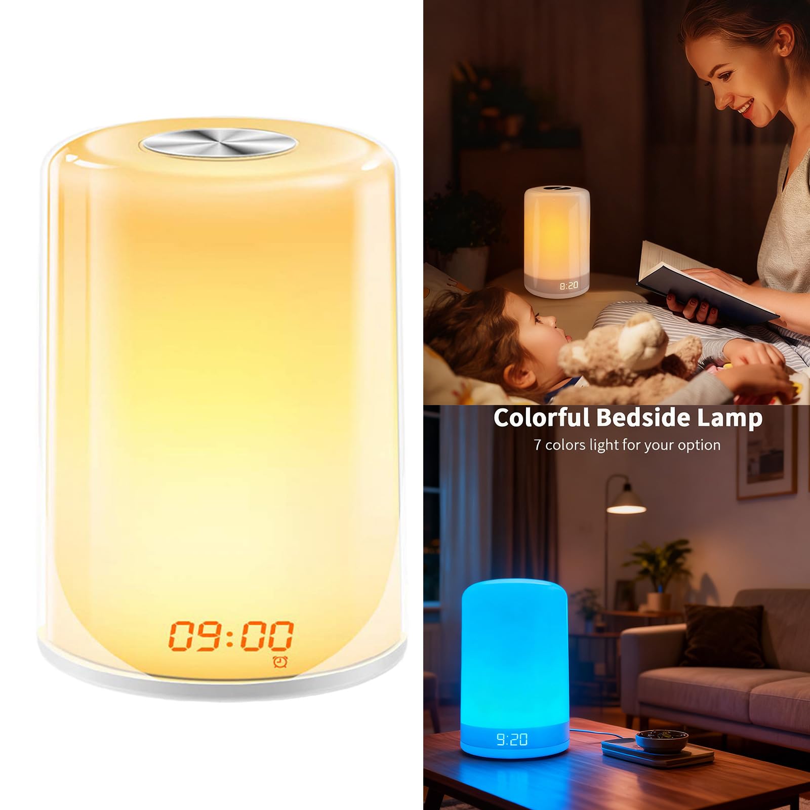 Simulazione contemporanea alba, sveglia digitale con lampada d'atmosfera a colori regolabile, per illuminazione camera da letto, design moderno, lampada per cameretta dei bambini