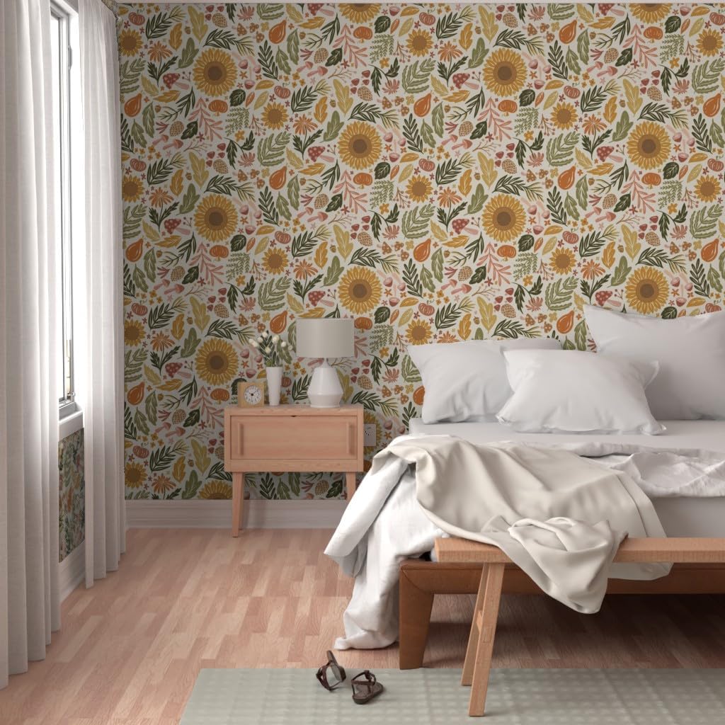 Spoonflower Removable Wallpaper 3ft x 2ft - Autumn Botanicals Leaves Acorns Sunflowers Ferns Mums Pinecones Mushrooms Custom Pre-Pasted Wallpaper