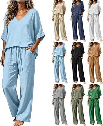 Linen Sets for Women 2 Piece Dressy Casual Cotton Blend 3/4 Sleeve Shirt and Wide Leg Pants