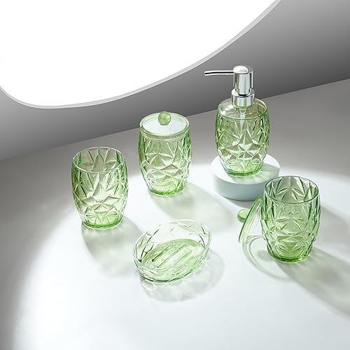 Miniatura 2 de Yueranhu Juego de accesorios de baño verdes de 5 piezas, dispensador de jabón de loción, soporte para cepillo de dientes, soporte para 2 Qtips,