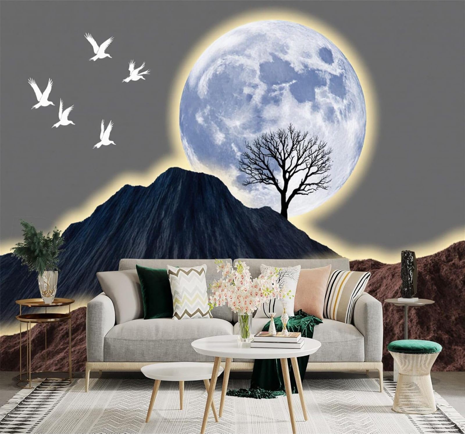 XLMING Full Moon Night Mountain Peaks Trees Birds in Flight Landscape 3D Wallpaper Silky Texture Home Study Office Grey Dining Room Sofa Bedroom Living Room TV Backdrop-250cm×170cm