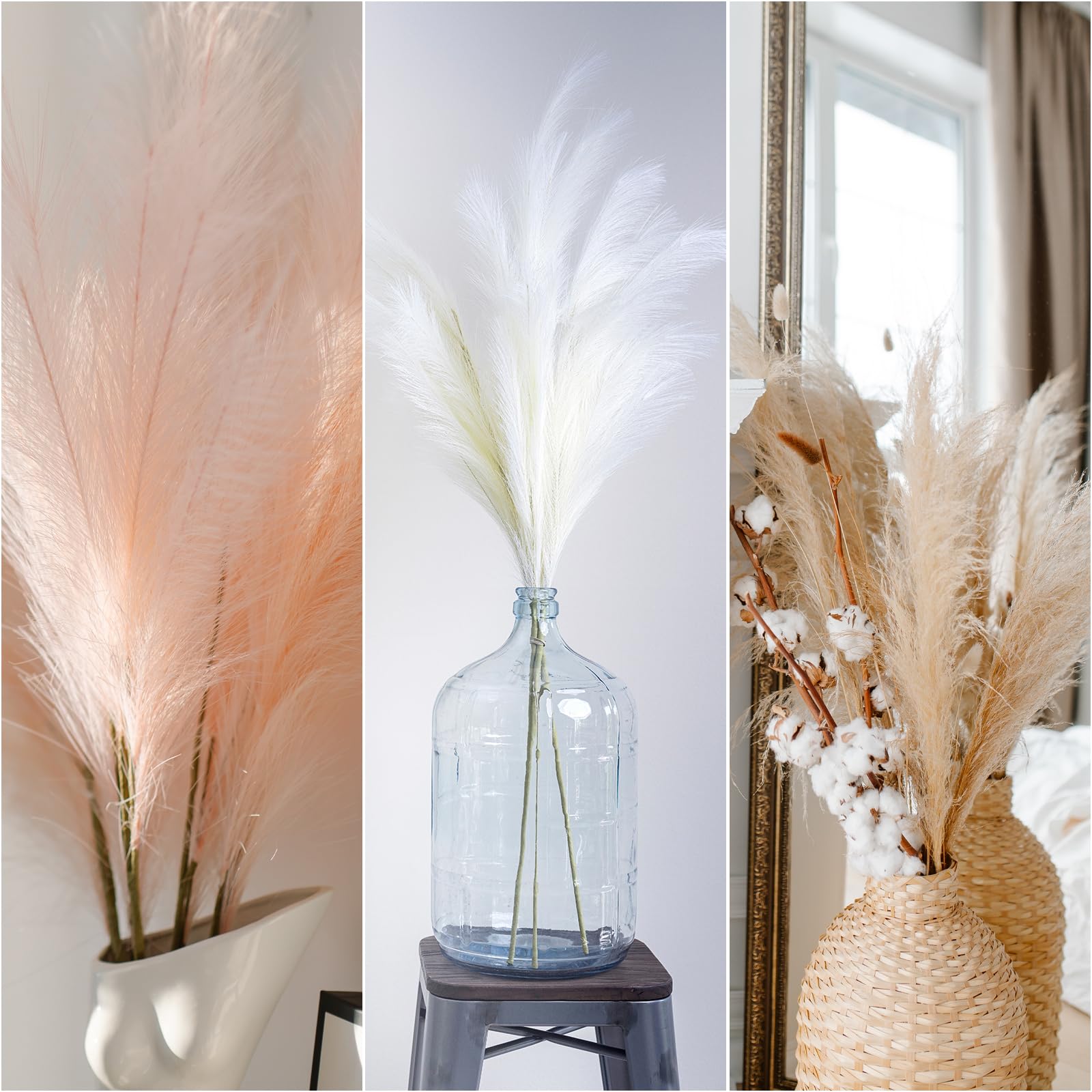 Sourcing Map 50 Pcs Faux Pampas Grass 52cm/20.5" Artificial Fake Dried Pampas Grass Decor With Stem For Floor Vase Filler, Wedding Decoration, Home Decoration, Beige