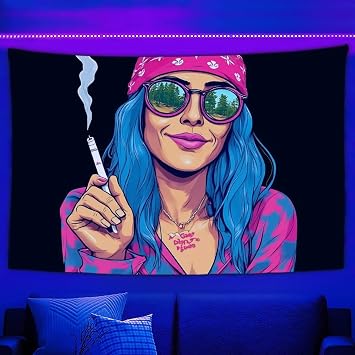BoomDragon Hippie Hippy Blacklight Tapestries Trippy Smoks Girl Art Wall Hanging Throw Posters - Vintage UV Reactive Meditation for Bedroom, Window, Seasonal, 60x80 inch