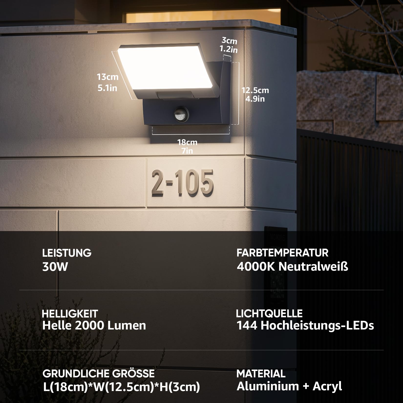 K-Bright 30W Außenwandleuchte mit Bewegungsmelder Anthrazit, 4000K | 150° Schwenkbar Panel, IP65 wasserdicht, Aluminium+PC, 2000LM LED Wandleuchte Innen/Außen für Eingang Terrasse Garten