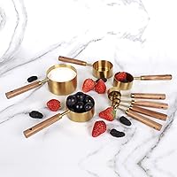 Vista 6 de Colección de 8 tazas medidoras doradas y cucharas medidoras, dorado con asas de madera fragante, juego completo de tazas y cucharas medidoras
