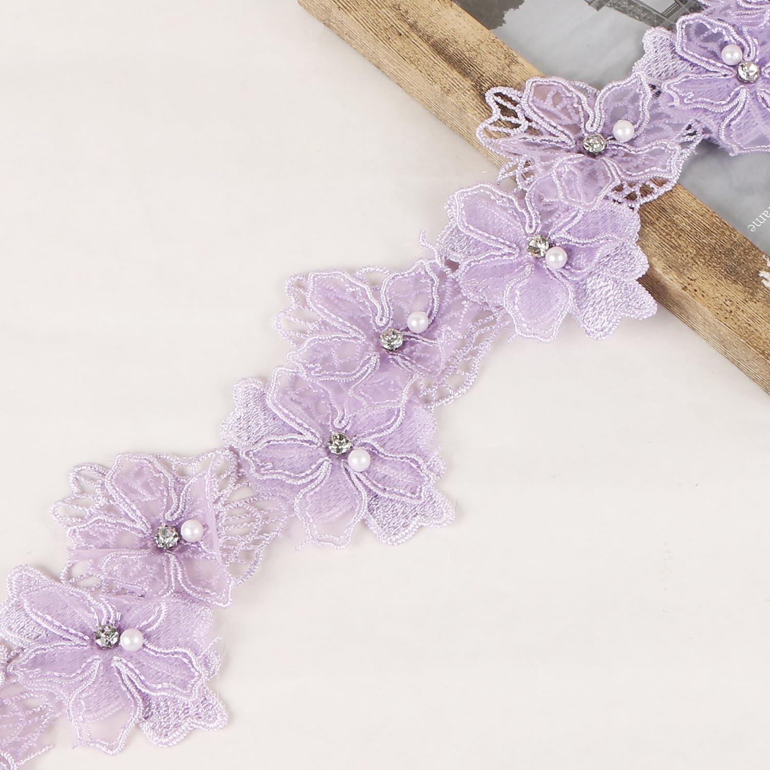 UHOMENY 2 Yards Double Floral Trim Ribbon With Pearl Rhinestone Fabric Vintage Flower Applique For Sewing Crafts Wedding Clothes Party Decor (Purple)