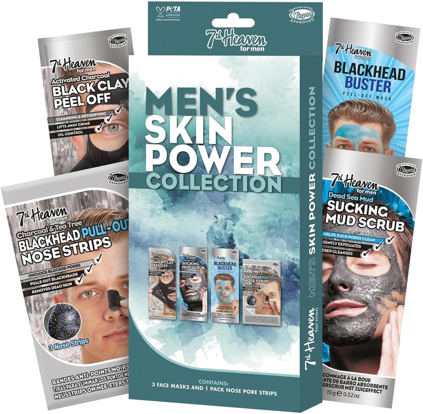 7th Heaven Men’s Skin Power Face Mask Set (3 Deep Cleansing Masks & Nose Pore Strips). Clay, Mud & Peel Off Face Masks and Blackhead Remover Strips – Genuine 7th Heaven Face Masks Skincare Set for Men