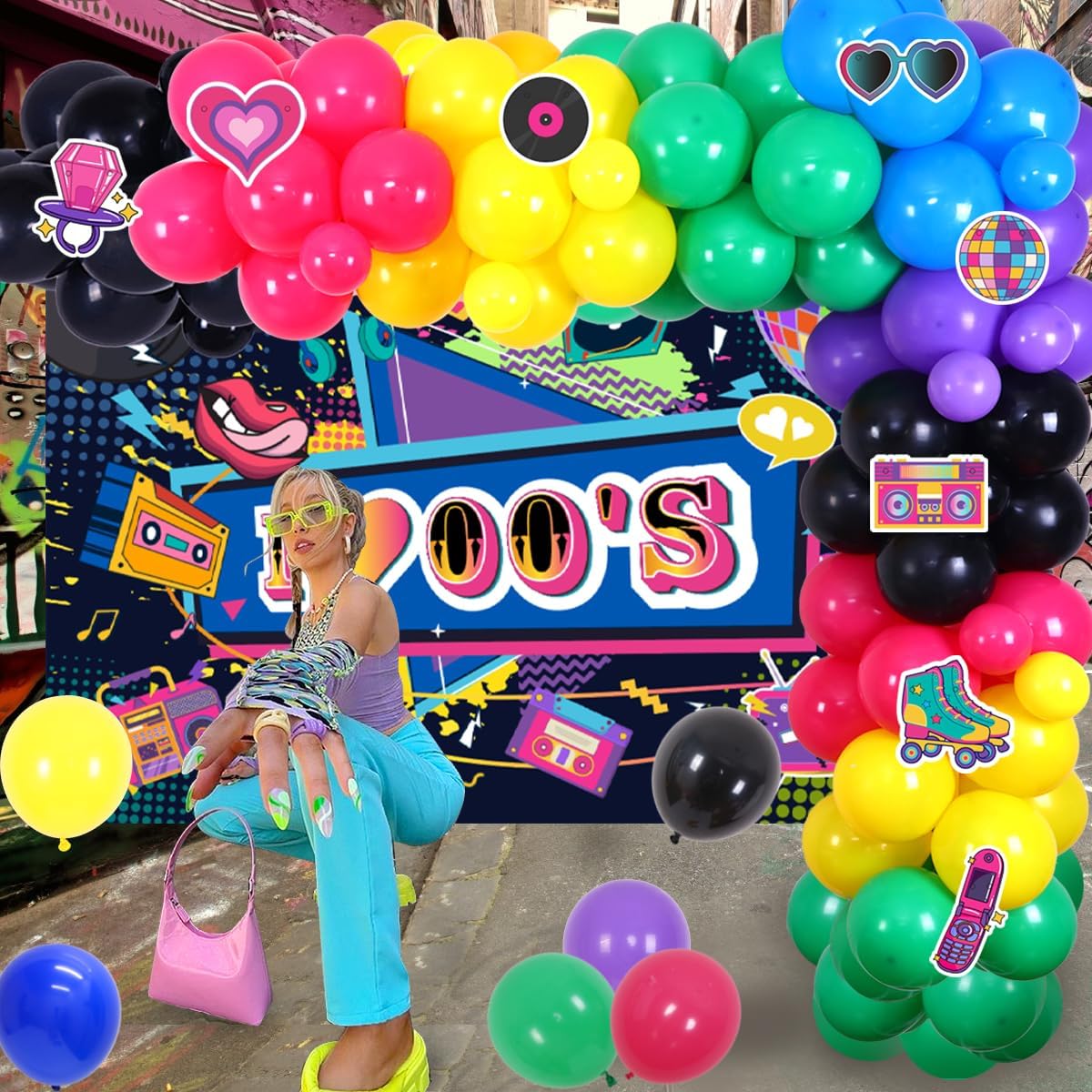 Jollyboom Y2K Party Decorations, Back to the 00s Party Decorations Backdrop Balloon Arch for Early 2000s Hip Hop Decor Y2K 00 Retro 2000s Birthday