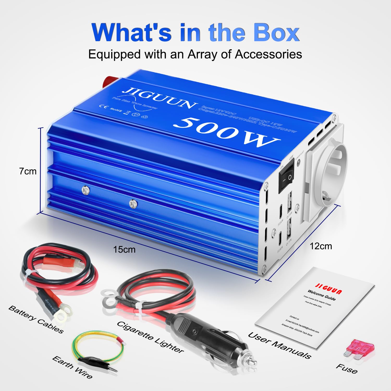 JIGUUN 500W Inversor 12V 220V Onda Pura Convertidor Inverter | Potencia máxima 1000W con 1 enchufe EU 2 puertos USB 2 puertos tipo C 30W para coche, camping, viajes y emergencias