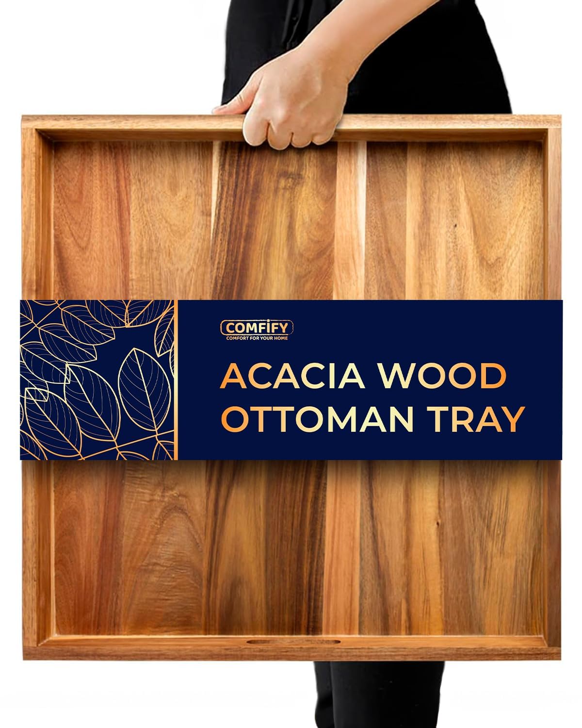 Extra Large (22") Square Premium Acacia Wood Ottoman Tray with Handles - Use for Serving Food in Style for Dinner, Breakfast, Snacks, BBQ, Entertaining Guests & More - Brown