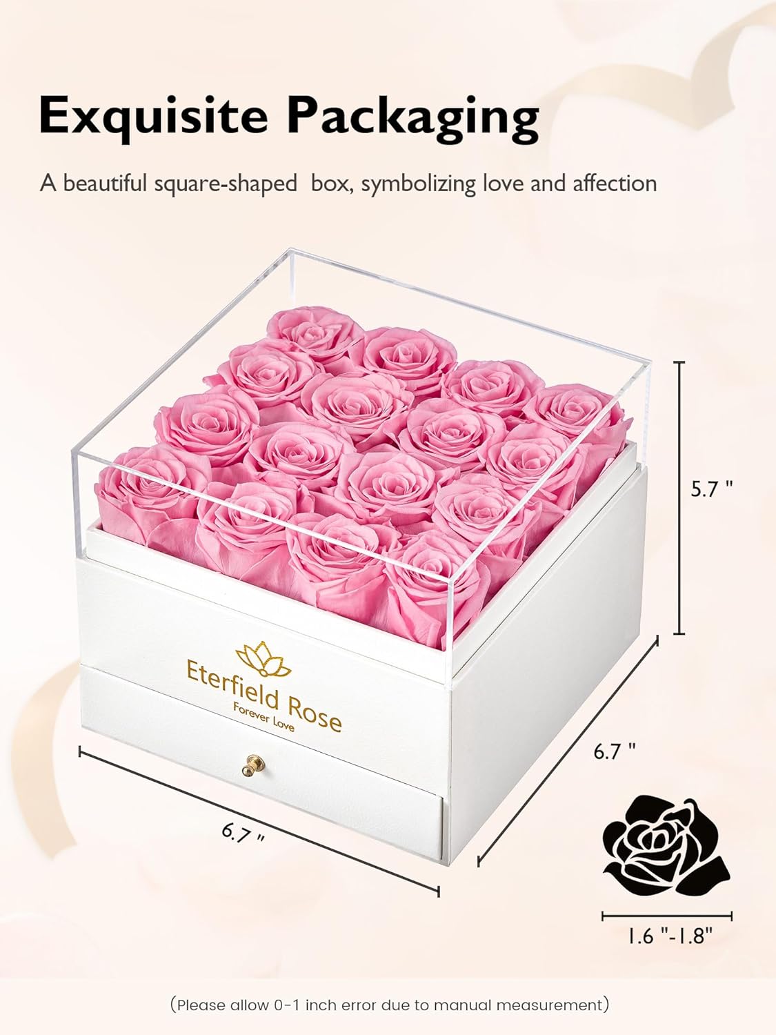Eterfield Forever Flowers Preserved Roses Real Roses That Last Over a Year Rose Box Gifts for Her Mothers Day Valentines Day Christmas (Square White Box with Drawer, 16 Pink Roses) - Image 3