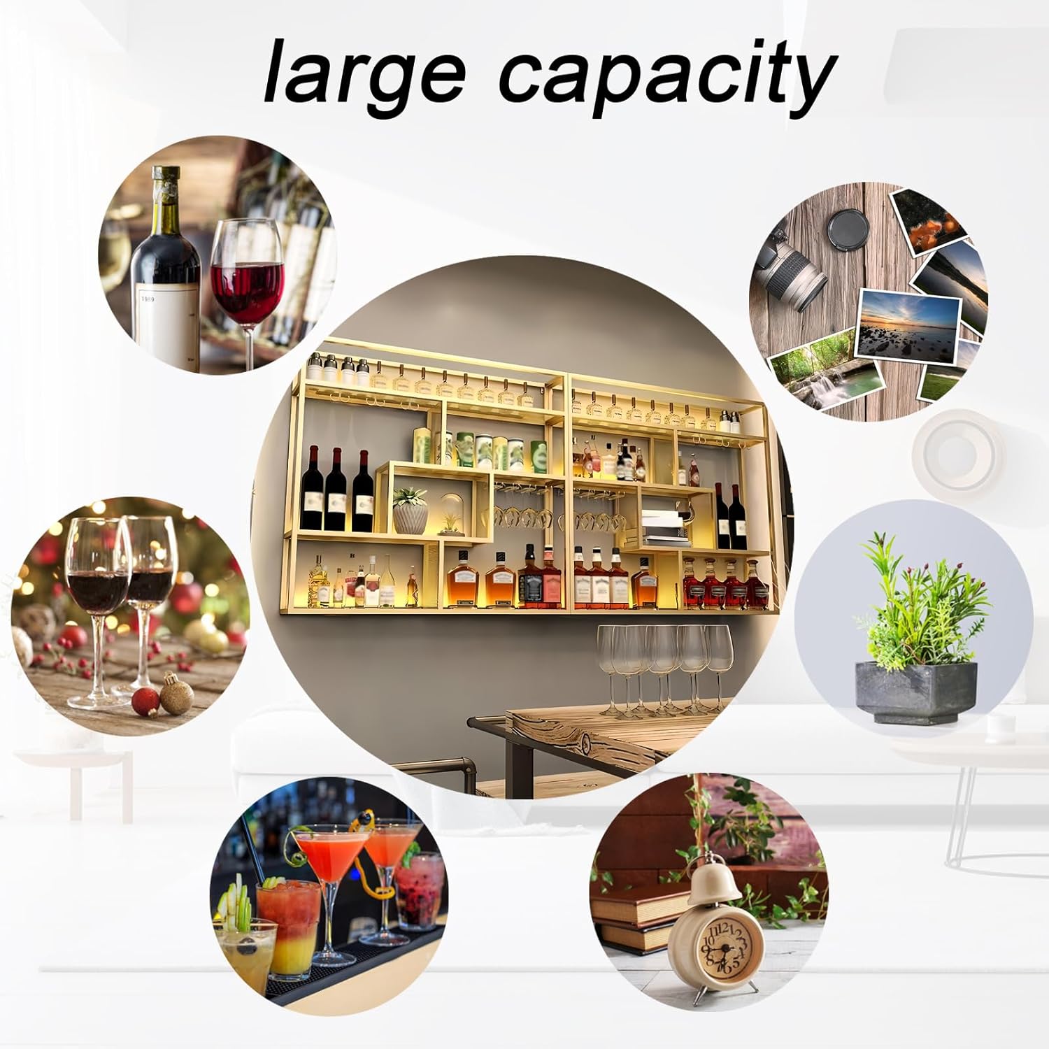 59.1in Wall Mounted Wine Rack, 4 Tier Wall Mount Bottle Rack with Glass Holder, Industrial Metal Floating Bar Liquor Bottles Display Storage Shelf for Dining Room, Kitchen (Black, A,59.1in)