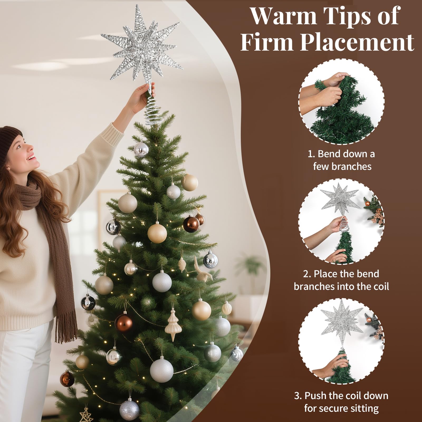 Lewondr Etoile Sapin de Noel, Pointe d'Etoile Hexagonale pour Sapin de Noël Alimenté par Pile/USB avec Lumières LED + Base en Spirale, Decoration Noel pour Maison Salon Chambre Jardin - Argent