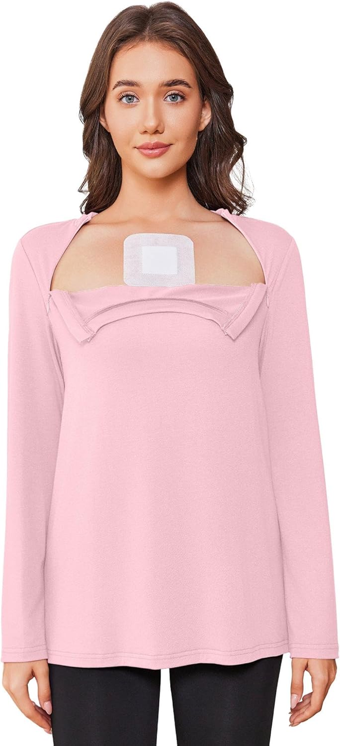 Deyeek Chemo Shirts for Women with Dialysis Port Access 2 Side Zippers Long Sleeve Shoulder Post Surgery Shirt