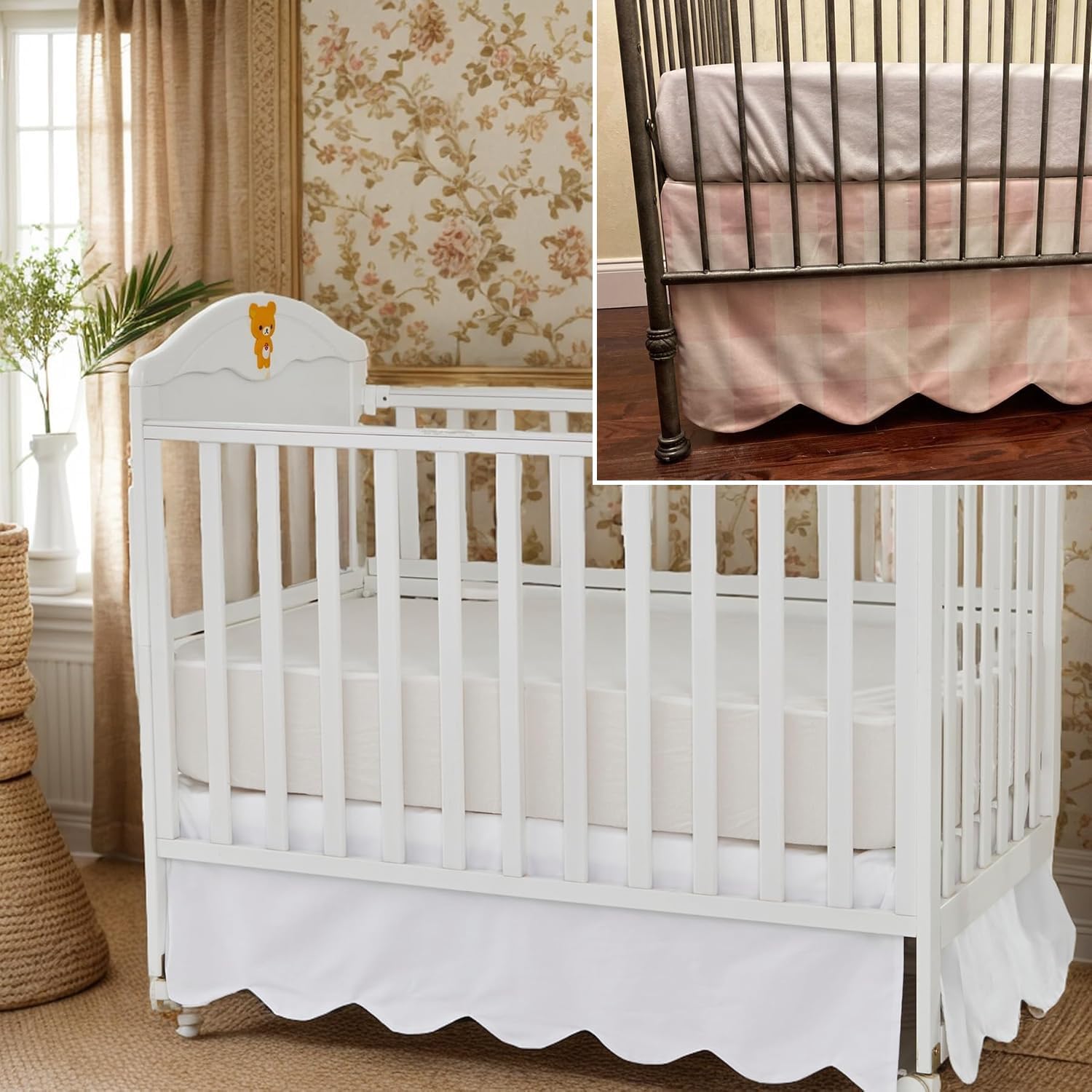 Brandream 2 Packs Crib Bed Skirt Scallop Edge Farmhouse Chic 100% Cotton Gender Neutral Crib Skirt Toddler Bedskirt