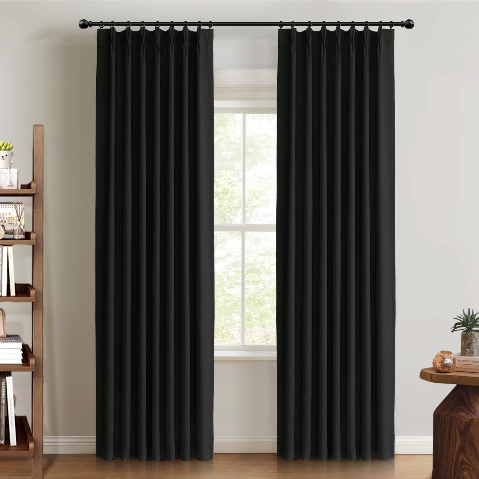 100% Blackout Shield Linen Look Textured Pinch Pleated Curtains Blackout Drapes 90 Inch Long 2 Panels Set, Faux Linen Blackout Curtains for Bedroom &