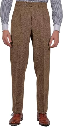 Mens Tweed Dress Pants Pleated Slim Fit Slacks with Button-Zipper Closure for Wedding