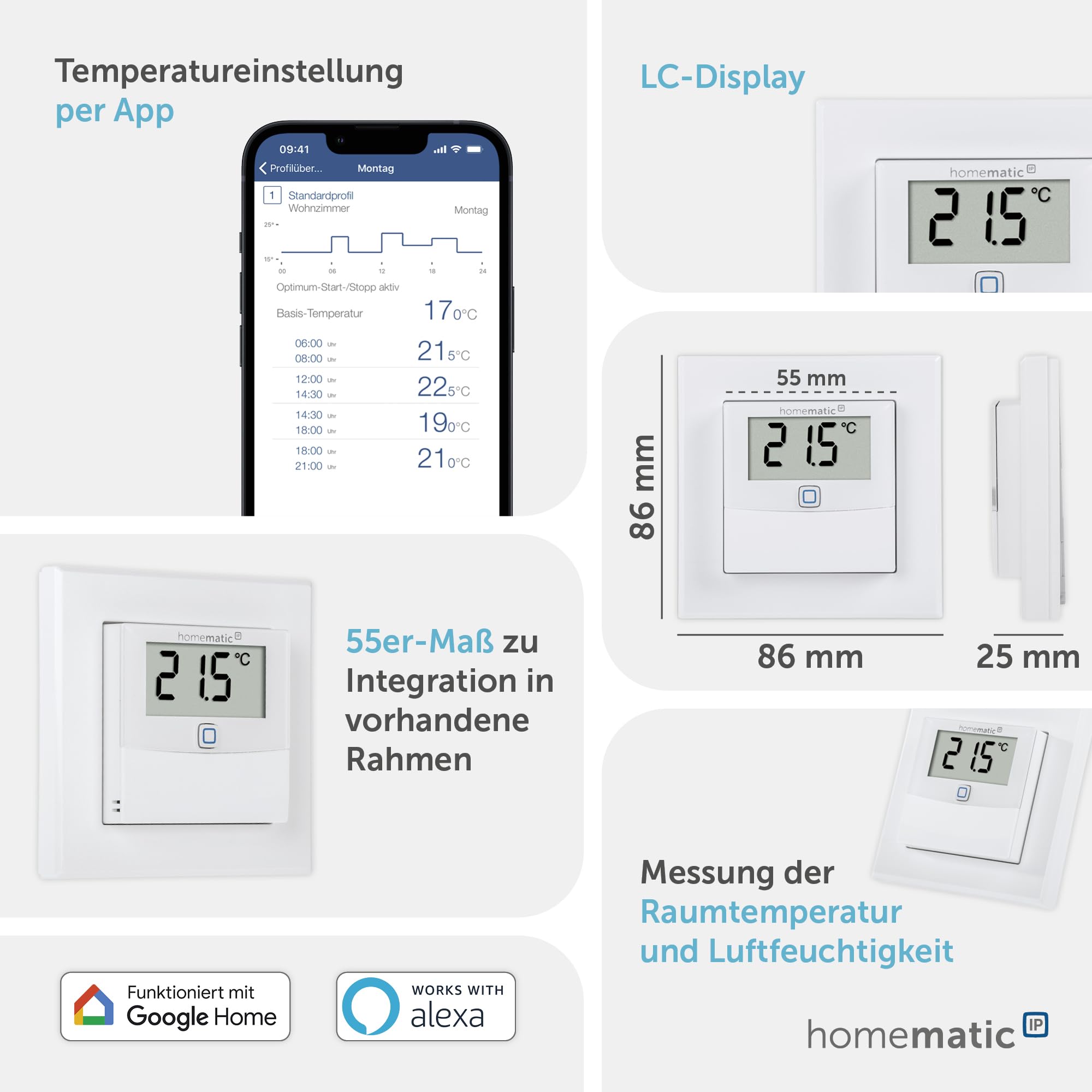 Homematic IP Temperatur- und Luftfeuchtigkeitssensor mit Display – innen, Smart Home, steuert Heizkörper/Fußbodenheizung per App, Alexa, Google Home, Temperaturmessung, Energie sparen, 150180A0