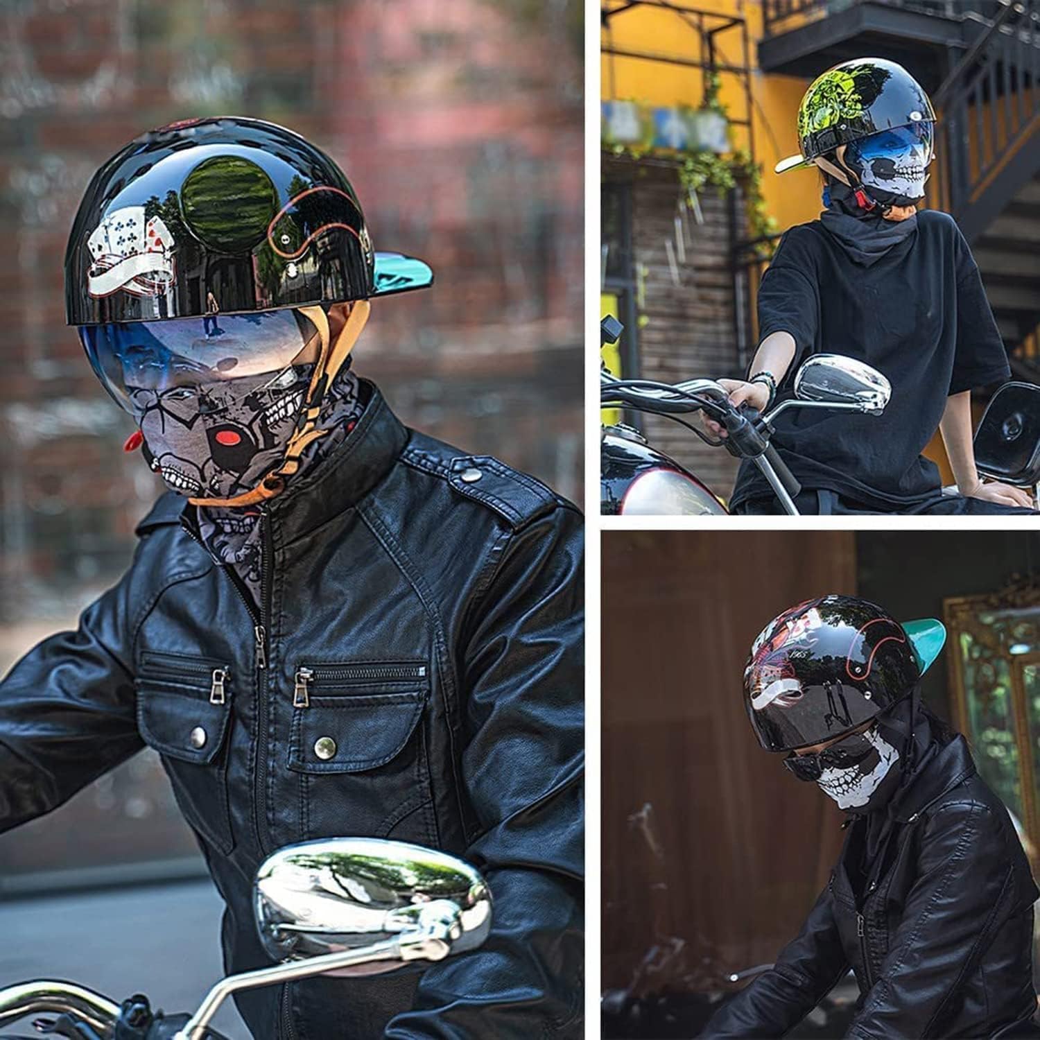 Półkask motocyklowy typu jet, kask półskorupowy z ECE Retro Brain Cap półotwarty kask na skuter, chopper, kask baseballowy z marginesem, 53-64 cm