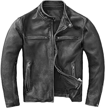 Vintage Men's Jacket Black Distressed Leather Motorcycle Jacket Genuine Leather Biker Jacket