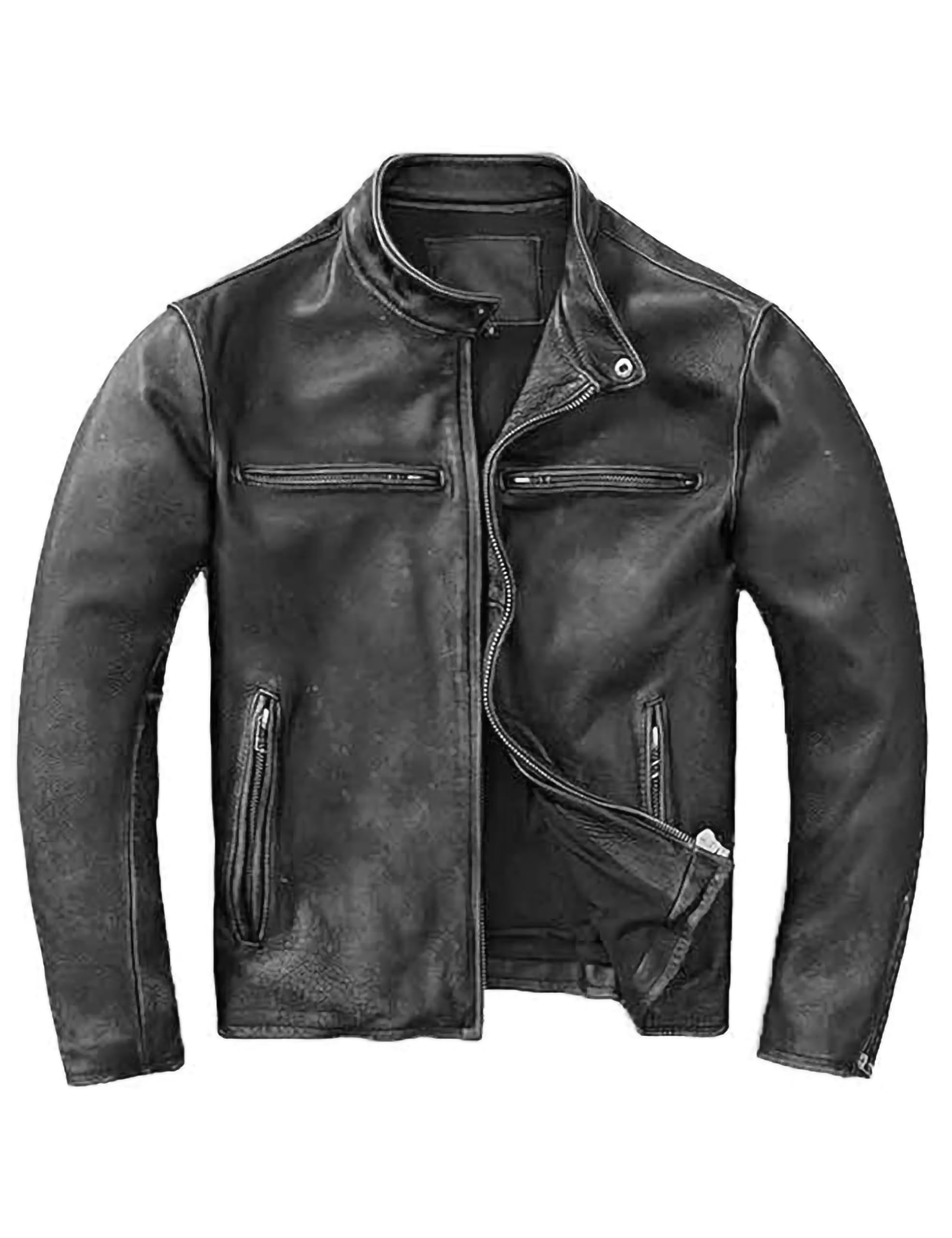 Chaqueta de piel auténtica envejecida para hombre, color negro, estilo vintage Cafe Racer Biker, Gris y negro, S