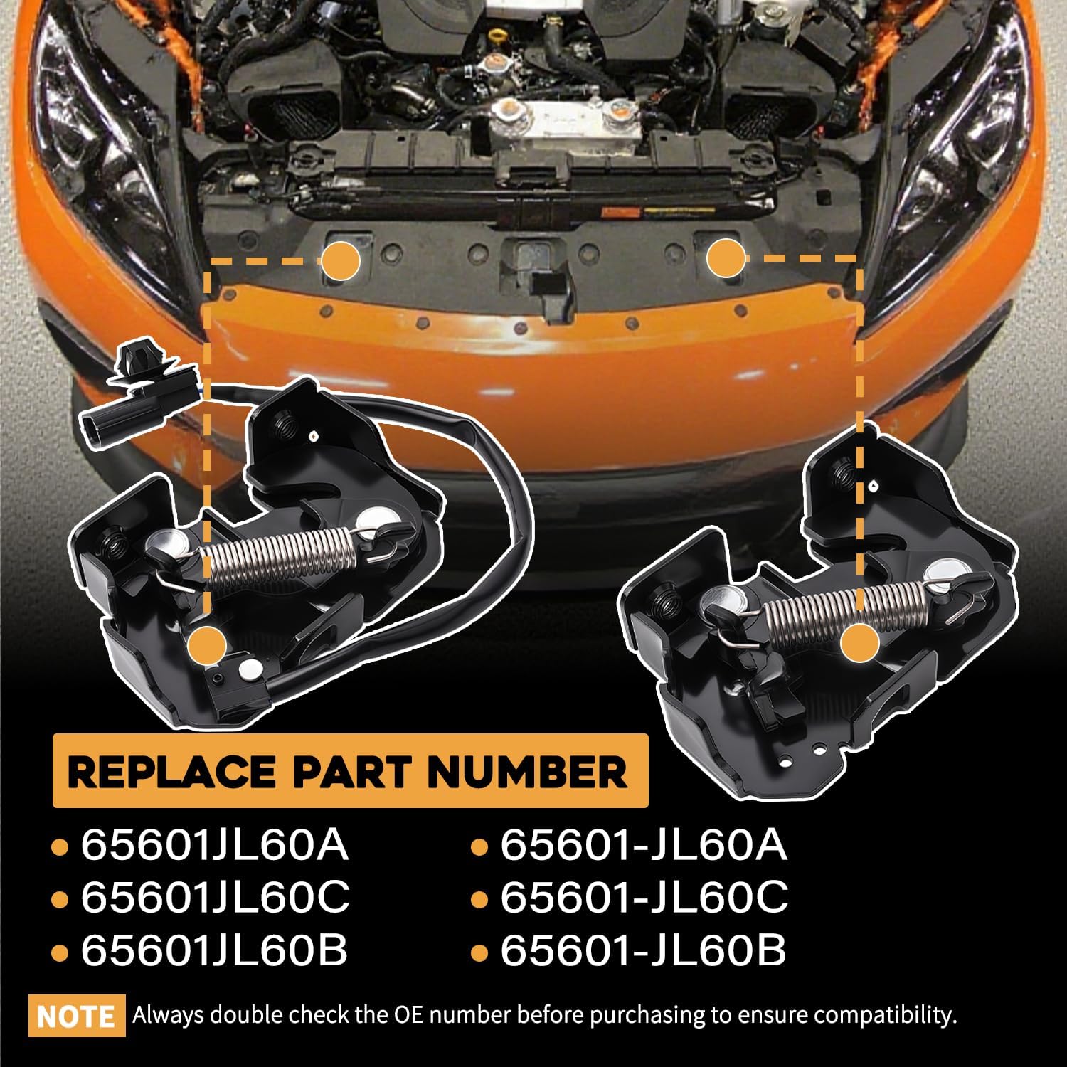 Driver & Passenger Side Hood Lock Latch Assembly Fit For Nissan 370Z GT-R 2009-2024 Fit For Infiniti G25 G35 G37 Q40 Q60 2007-2015 Left & Right Side Replaces 65601-JL60A 65601-JL60C 65601-JL60B