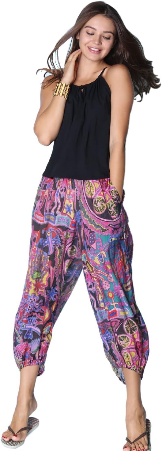 LALUNESSE Women's Bohemian Elastic Waist Loose Wide Leg Harem Bloomers Pants,Multicolor, Medium