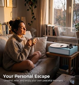 Sea Blue Bluetooth Record Player, Vintage 3-Speed Turntable