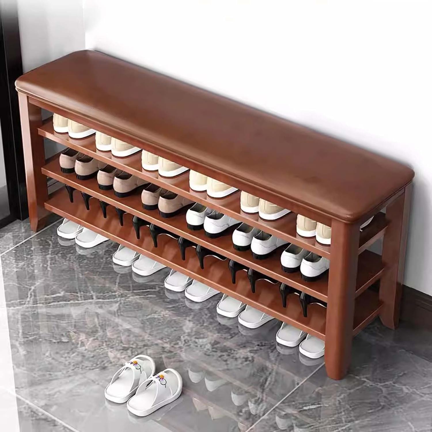 Benches Garden Bench Outdoor Patio Seating Backless Park Chair Lawn Path Slatted Seats,Adjustable Height Shoe Rack Bench with Leather Seat - 3-Tier Storage Benches (26x11x20 inch)