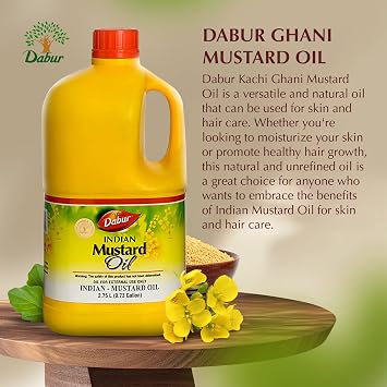 Dabur Kachi Ghani Mustard Oil - Unrefined Therapeutic-Grade Oil from Mustard Seeds for Skin, Hair Care, and Body Massage, Cold-Pressed (2750 ml)