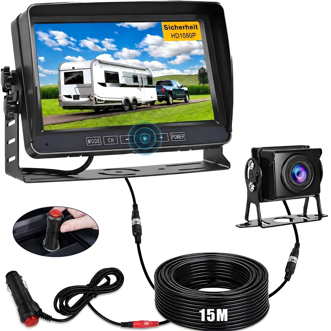 Rückfahrkamera-Set mit 7"-LCD-1080P Monitor & 170° Weitwinkel- Rückfahrkamera, IP69 wasserdicht, Nachtsicht, Stabilem Signal Backup-Kamera mit 15m Kabel,für LKW/Anhänger/Bus/Van/Landwirtschaft/Wohnmob