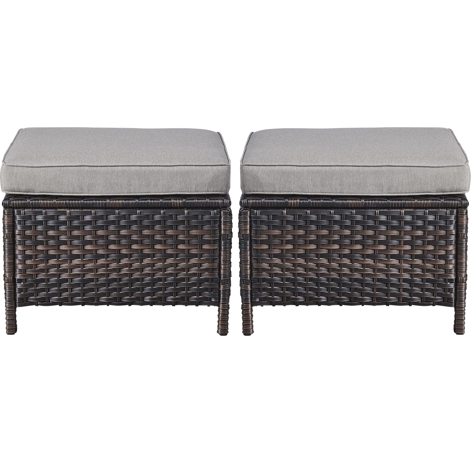 Outdoor Furniture Ottoman Set of 2 Patio Seating Footstool All-weather Rattan Wicker Ottoman Seat with Soft Cushions for Patio Furniture Set
