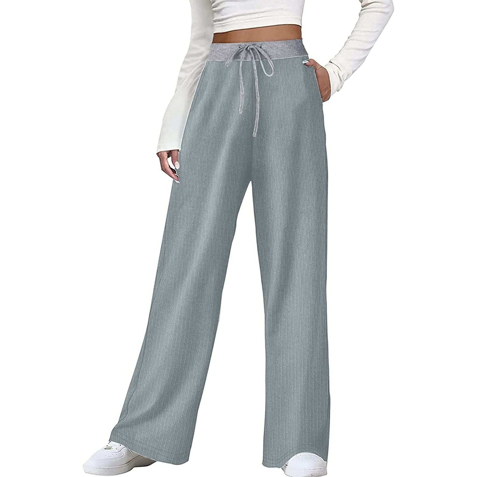 YOLAI Women Casual Drawstring Trousers High Waist Wide Legs Pants Sweatpants Comfort Loose Trousers with Pockets Grey XL
