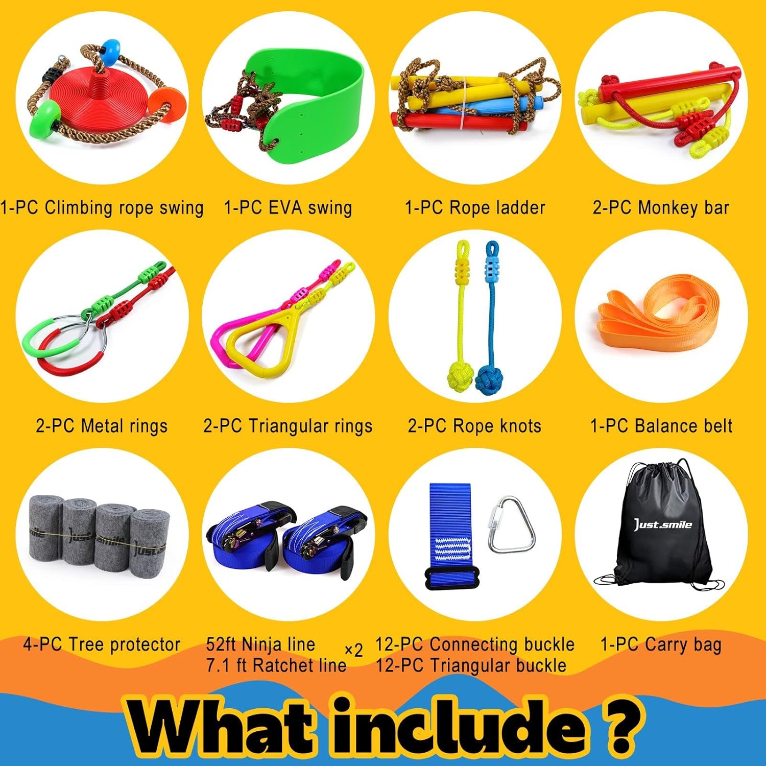 Just.smile Ninja Slackline Ninja Warrior Obstacle Course for Kids-2x52ft with Swing, Rope Ladder,Climbing Bar,Ring,Outdoor Ninja Course Training Equipment Set for Backyard : Toys & Games