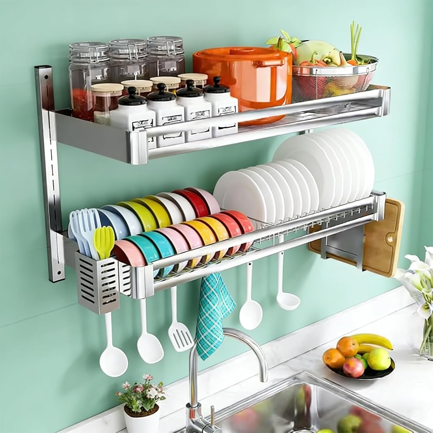 Escurridor de Platos Colgante, escurridor de Pared para Platos, Estante Ajustable de 2 Niveles para Utensilios de Cocina, Platos, tazones y Tazas con Bandeja de Drenaje, Jaula para Palillos