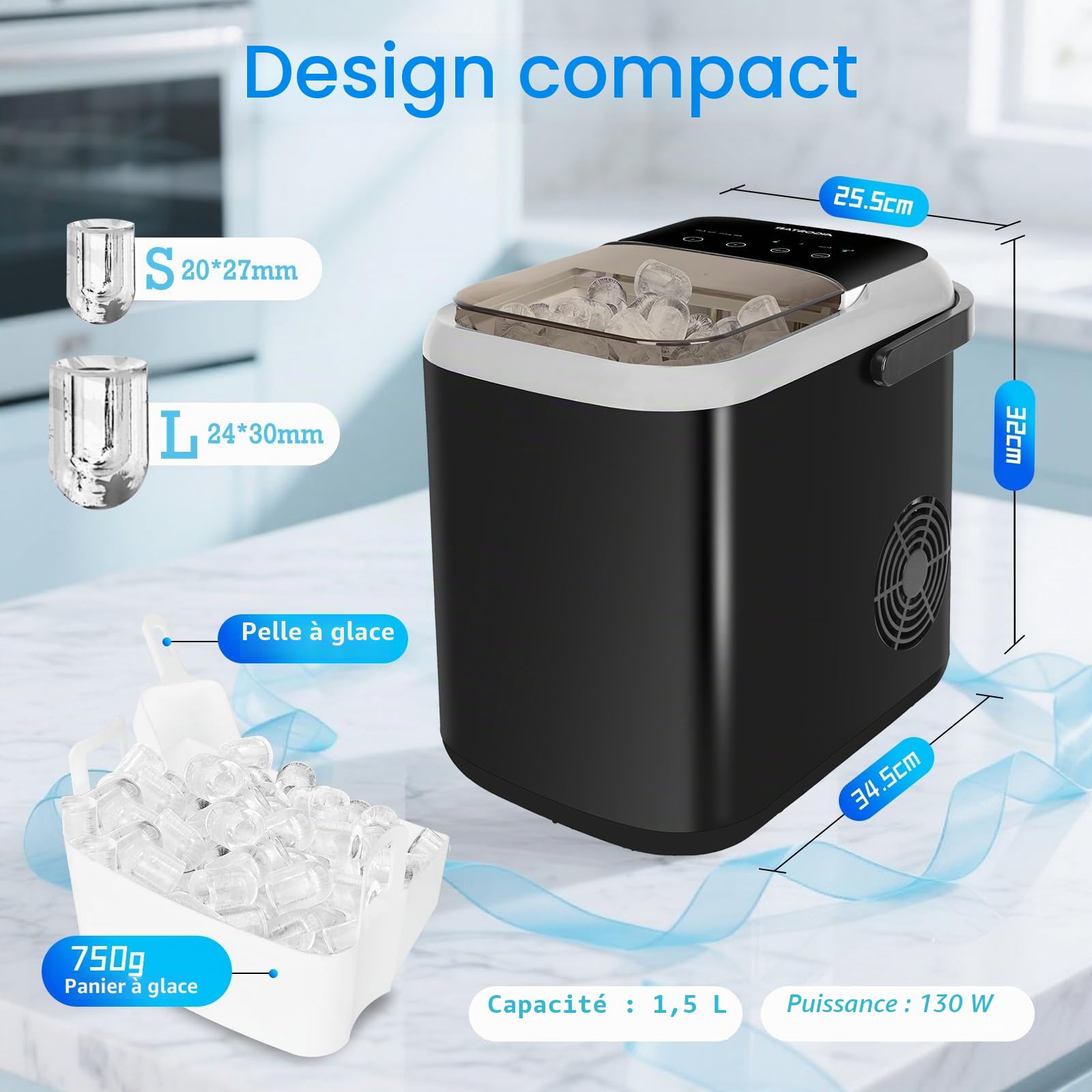 Aigostar Machine a Glacons 1,5 L, 130W Machines à Glaçons à Double Couvercle, 9 Glaçons en 6 Mins, 12kg/24h, 2 Tailles de Glaçons, Autonettoyante, Portable pour Maison/Cuisine/Camping, Noir