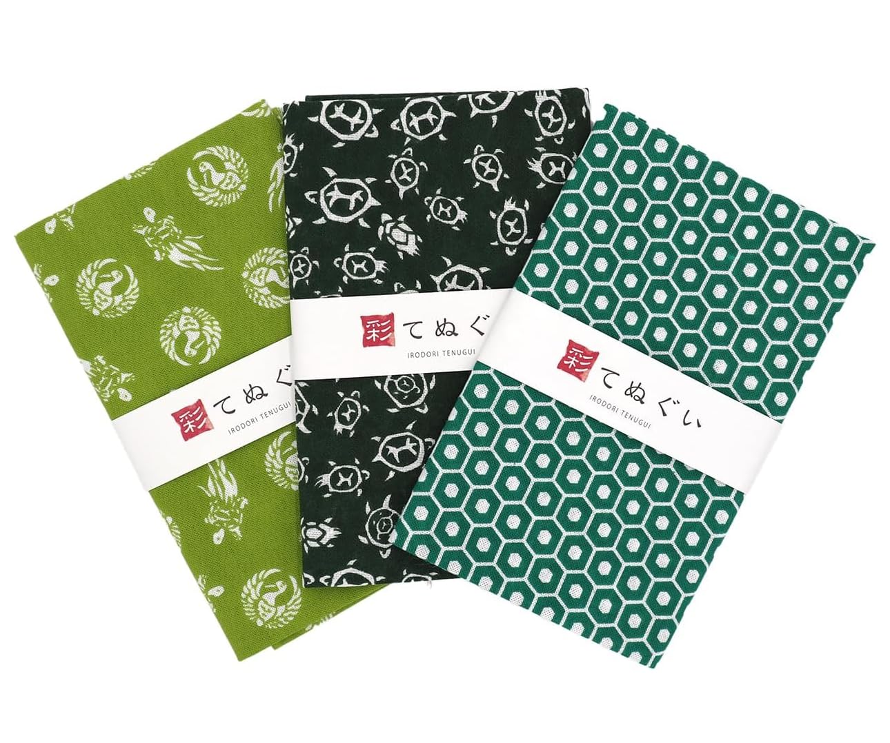 KOMESICHI irodori Japanese Traditional Towel Tenugui Fortune Pattern Green with Fray Prevention Processing Set of 3 with Tenugui Iroha (English Manual