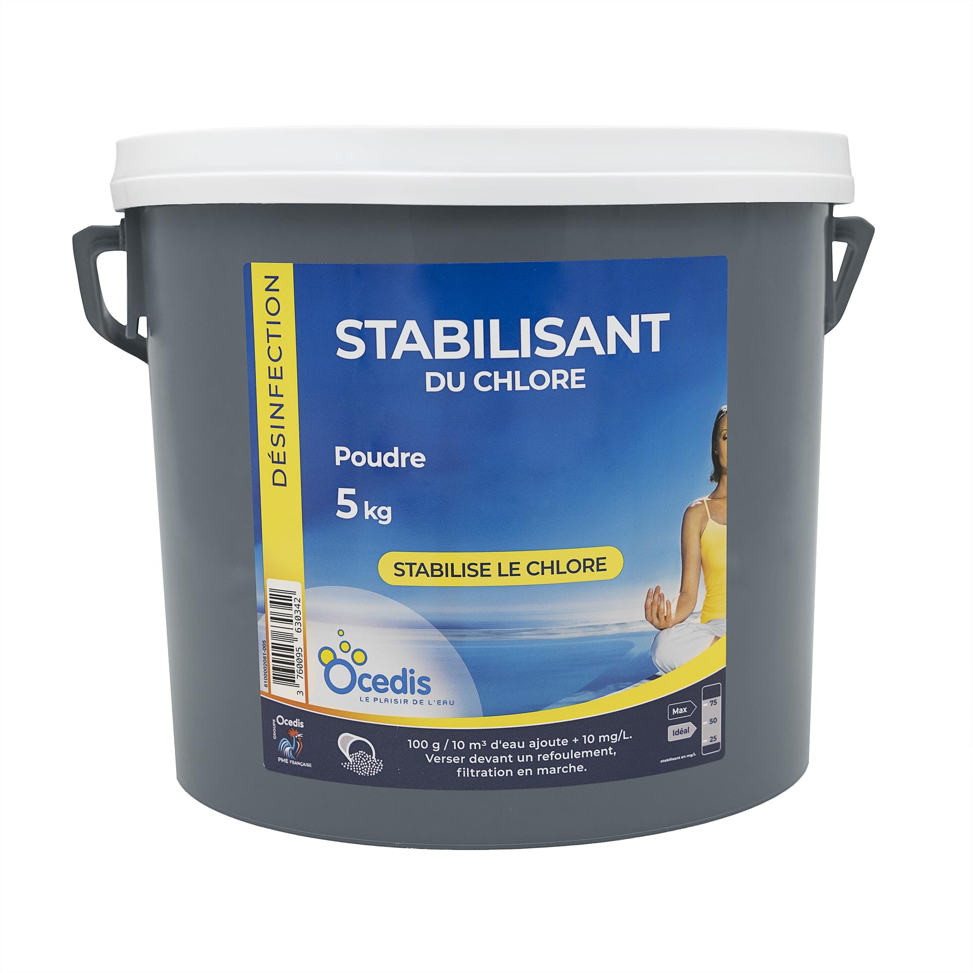 OCEDIS STABILISANT du Chlore Poudre - 5kg | Stabilisant - Stabilisateur du Chlore + 10 Tests HPS OFFERTS 6 en 1