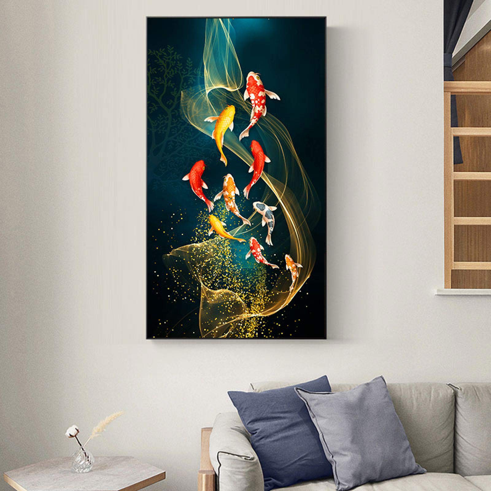 OUSHION ART Gran tamaño estilo chino Lucky Red Koi lienzo pintura Goldfish línea abstracta carteles y grabados para la decoración de la galería de Navidad 130x60cm marco interno