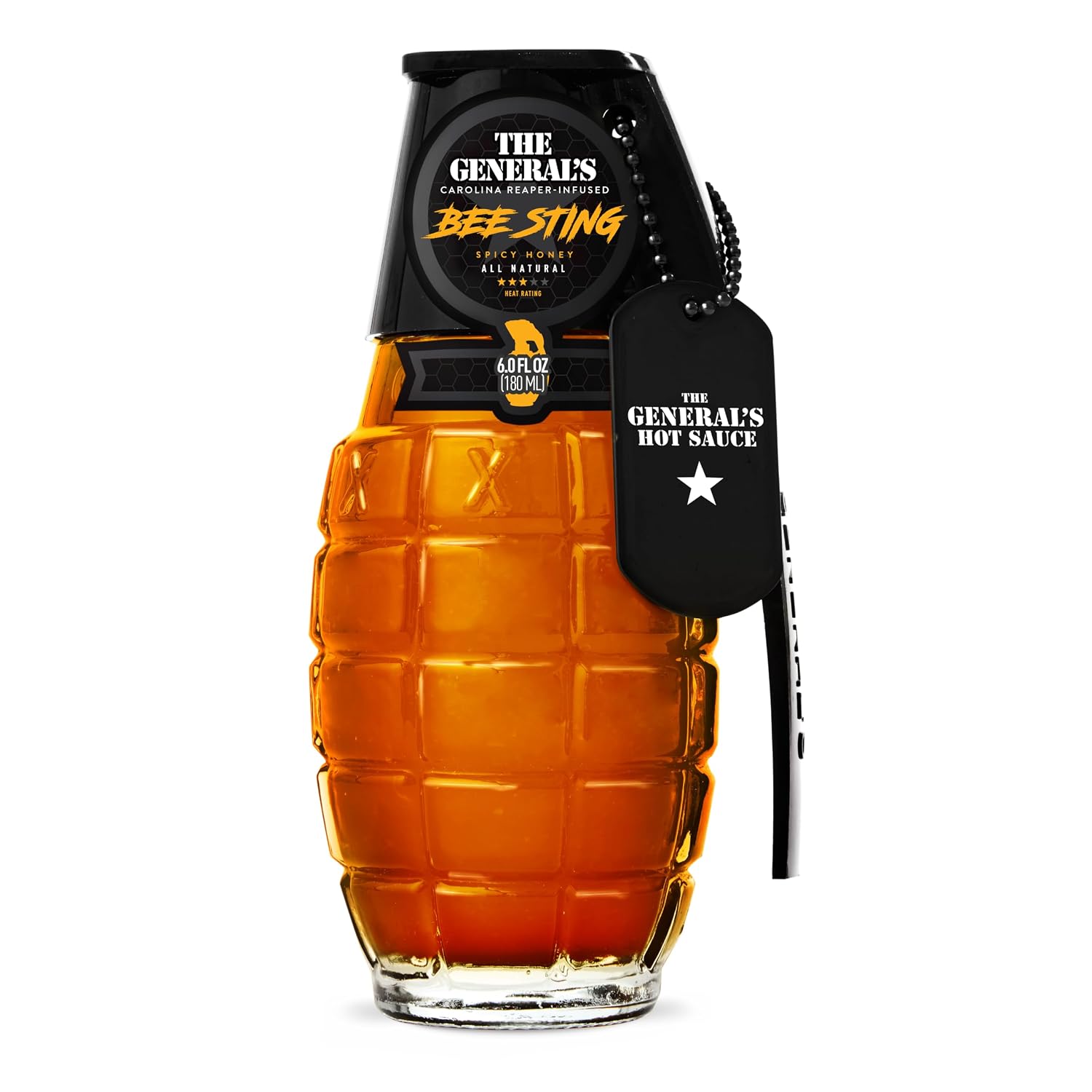 The General's Hot Sauce, Bee Sting Hot Honey, 6 oz, Carolina Reaper Infused Driizzle, 3/5 Heat Rating, Natural Spicy Sauce, Great Gift, American Grown, Veteran-Owned, Gluten-Free, Vegan