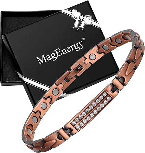 Vista 8 de MagEnergy Pulseras de cobre para mujer, 99.9% de cobre puro, pulsera de eslabones magnéticos, pulsera ajustable, regalos de joyería con herramienta