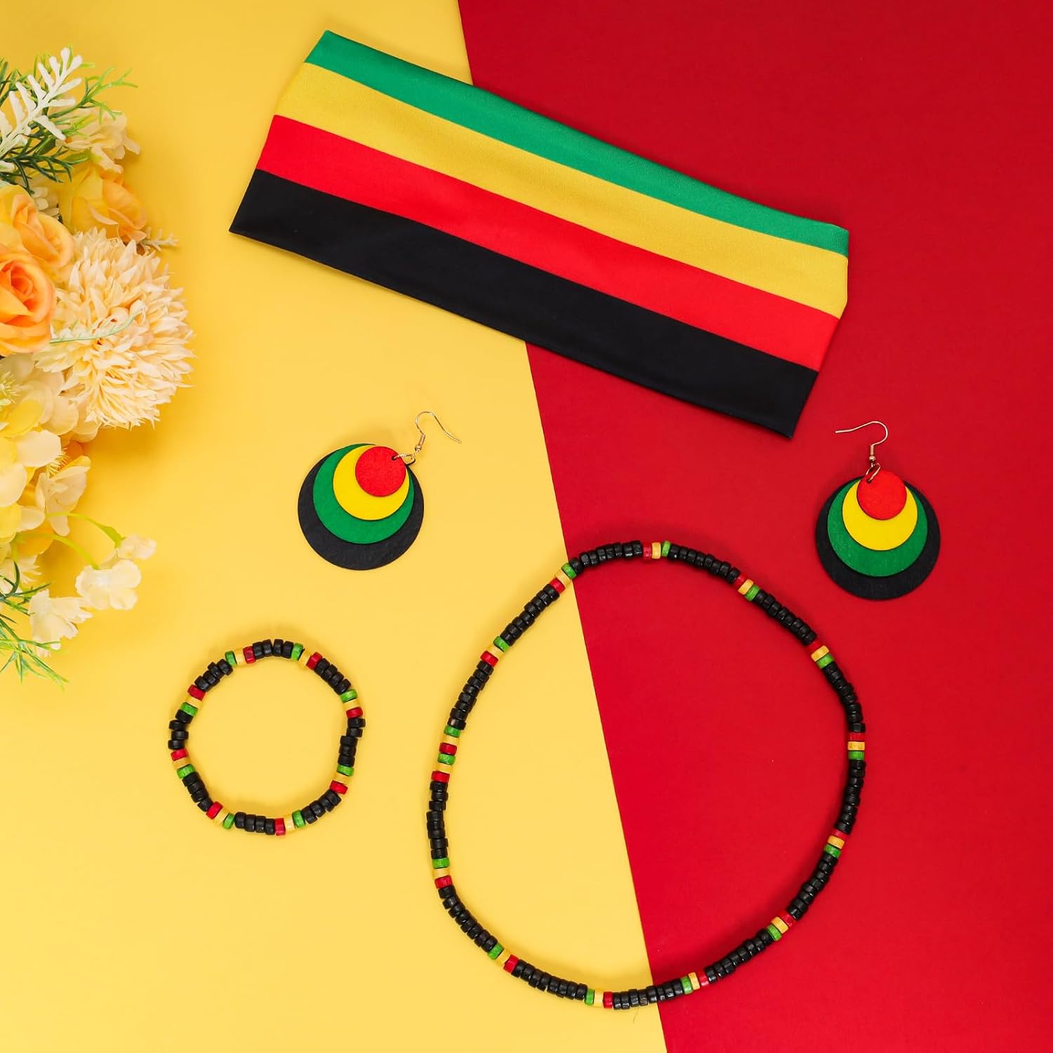 Fumwase Juneteenth African Accessories for Women Wood African Jewelry Sets Rasta Head Wraps BlackHistory Bracelet Necklace Earrings