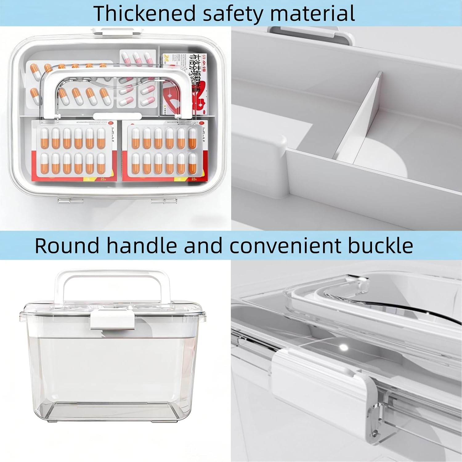 Clear Medicine Organizer Box, Portable Double Layer Medicine Organizer Box with Detachable Divided Tray, Clear Medicine Box for Family, Travel, Office & Dorm First Aid Medication Storage(M)